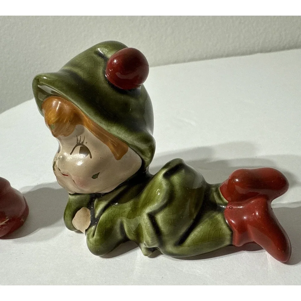 Vtg 2 Pc. Ceramic Pixie Santa Elf Music Christmas‎ Handpainted Figurine Japan 4